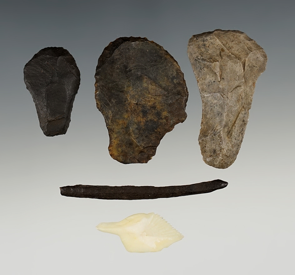 Set of 5 Assorted Artifacts found in Alachua Co., Florida. Includes a Bone Pin and various tools.