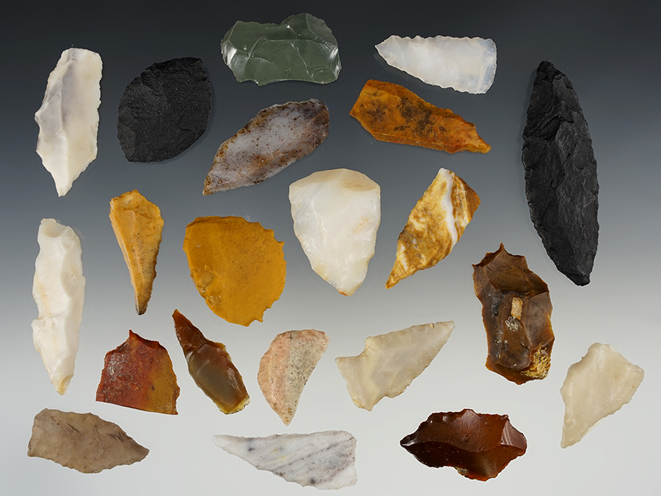 Set of 21 Assorted flint artifacts found in Nevada and Idaho. The largest is 2 15/16".