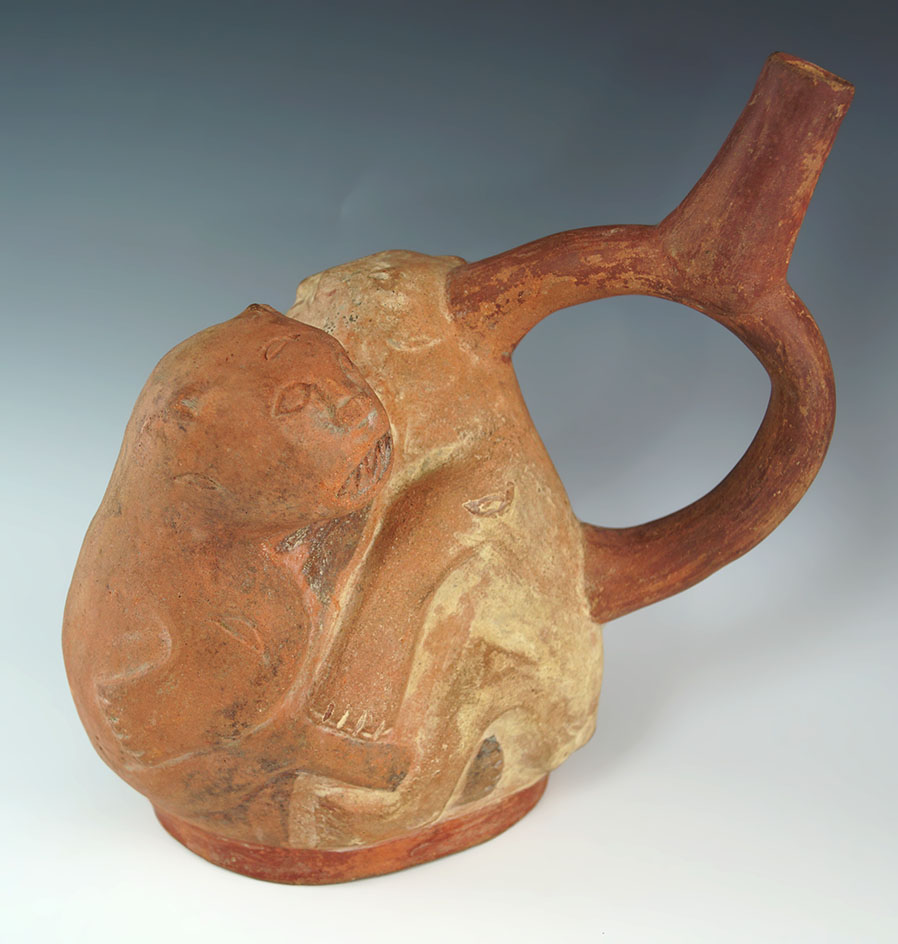 10 1/2" tall Moche dual effigy zoomorphic stirrup bottle. Found in Peru. Ex. Roy Pohler collection.