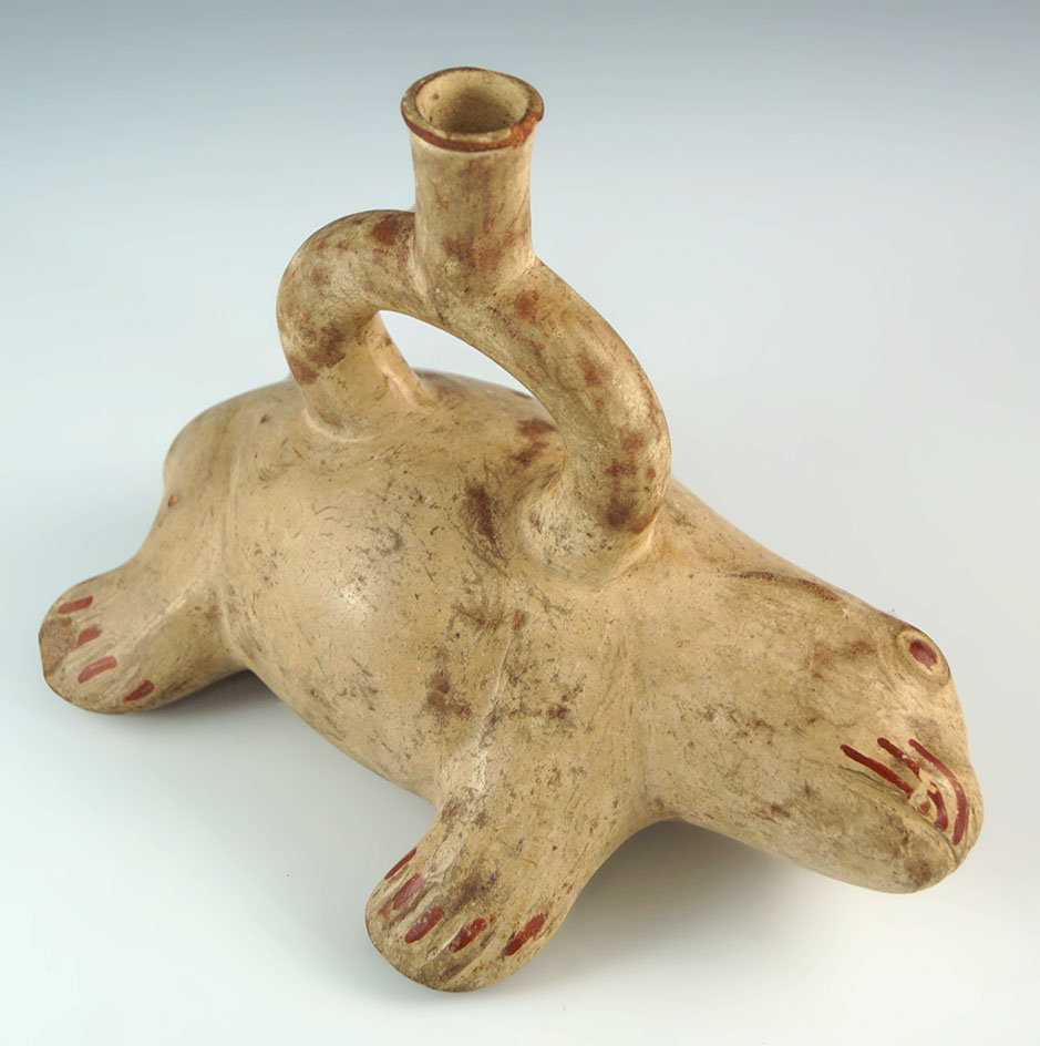 7 5/8" Moche seal pup effigy stirrup bottle found in Peru.