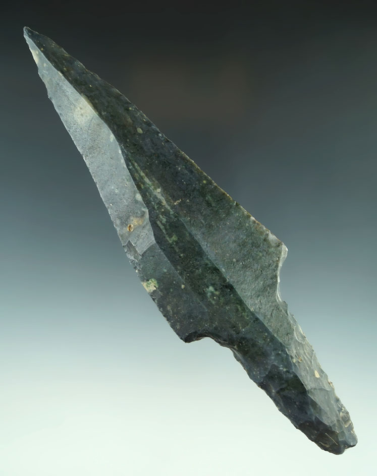 Mayan Uniface Dagger made from greenish-blue Colha chert that is 7 7/8" long found in Belize.
