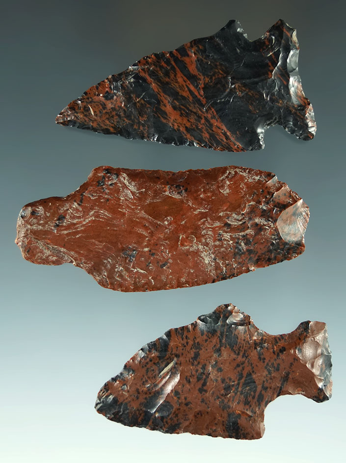 Set of three mahogany Mayan/Toltec area points. Largest is 2 7/8" long. Len Weidner Collection.