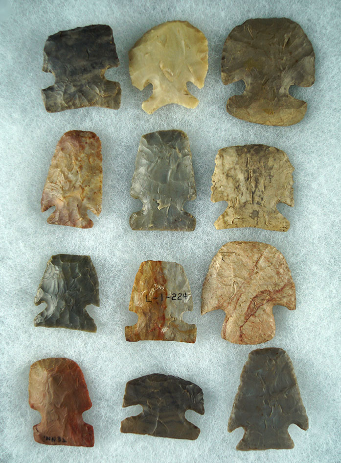 Nice set of 12 Midwestern assorted Hafted Scrapers in excellent condition, largest is 1 9/16".