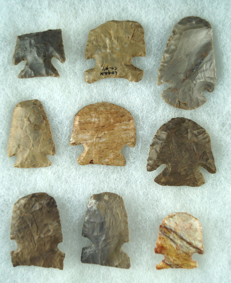 Nice group of nine assorted Midwestern Hafted Scrapers, largest is 2".