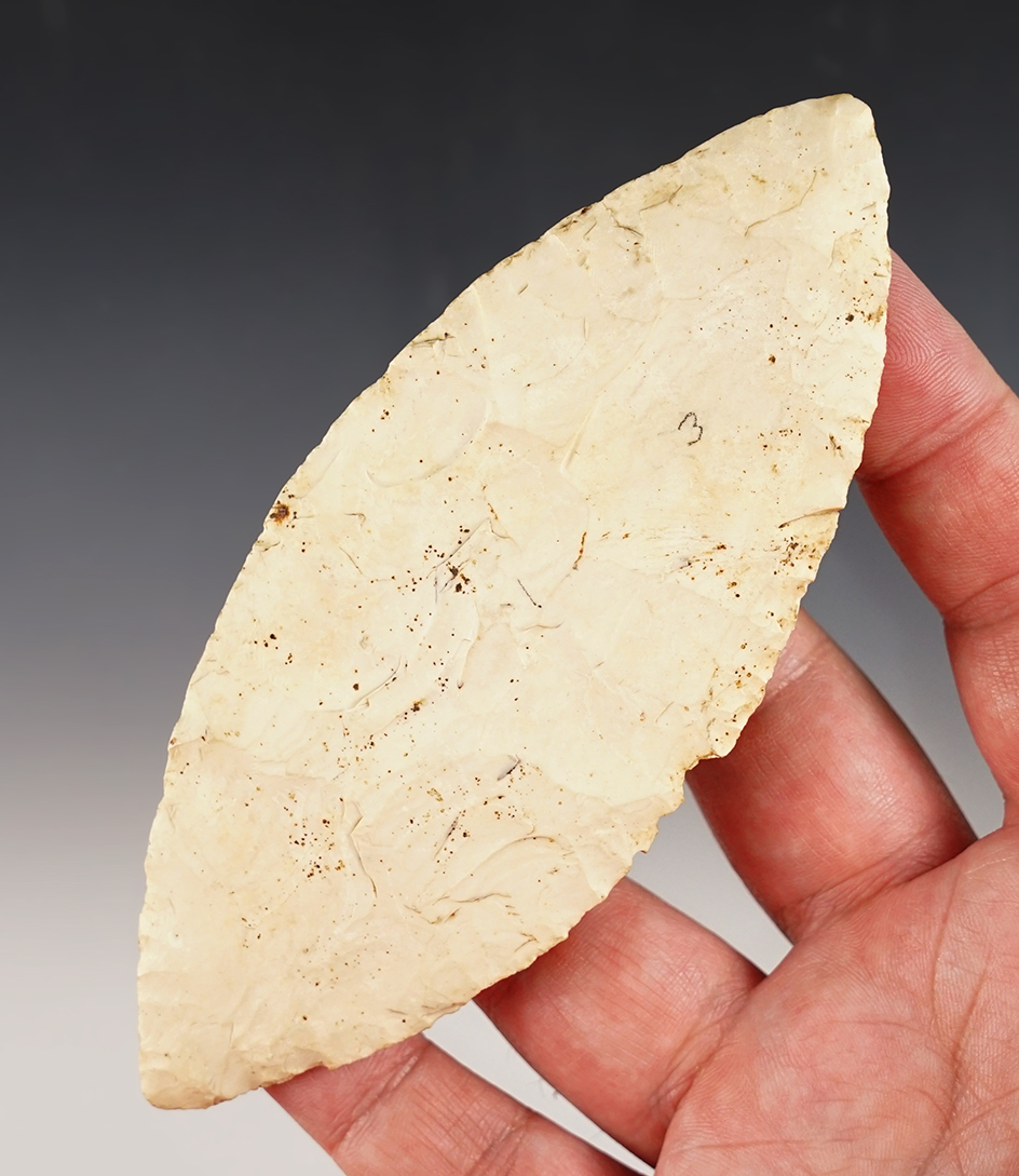 Excellent flaking and craftmanship on this 5 3/16" Adena Bi-pointed Blade found in Missouri. 