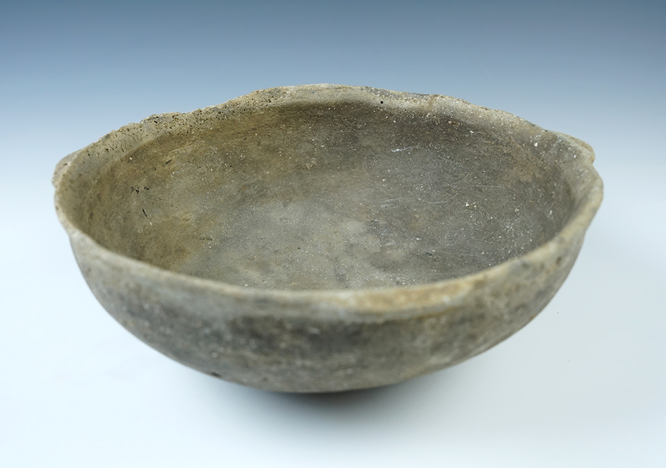 Solid 9 1/8" diameter x 2 7/8" tall shell tempered clay ancient Mississippian Bowl, Arkansas.