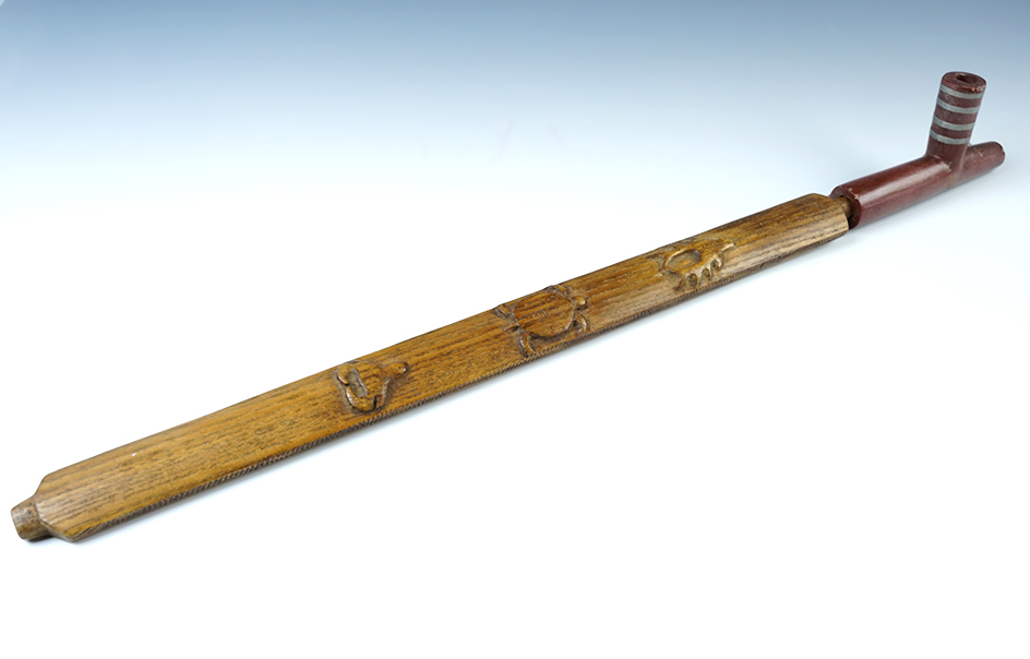 Nice 23 3/4" overall length late 1800's Pipe and Stem. Pipe has pewter ring inlays on the bowl.