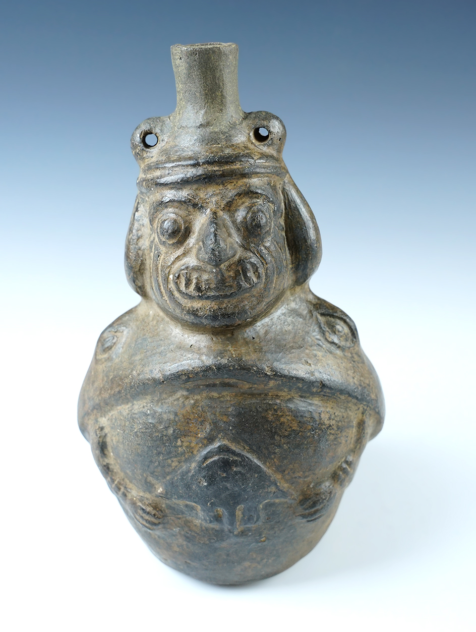 8 1/8" tall x 4 1/2" wide beautifully patinated Pre-Columbian Chimu Bottle recovered in Peru. 