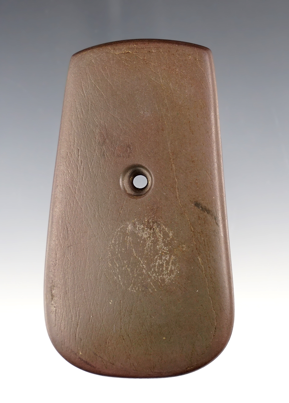 3 7/16" Keyhole Pendant made from red Slate. Found in Ross Co., Ohio. Ex. Doug Hooks. 