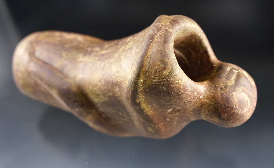 5 1/2" Pipe with human effigy made from dense stone. Found in central Kentucky. 