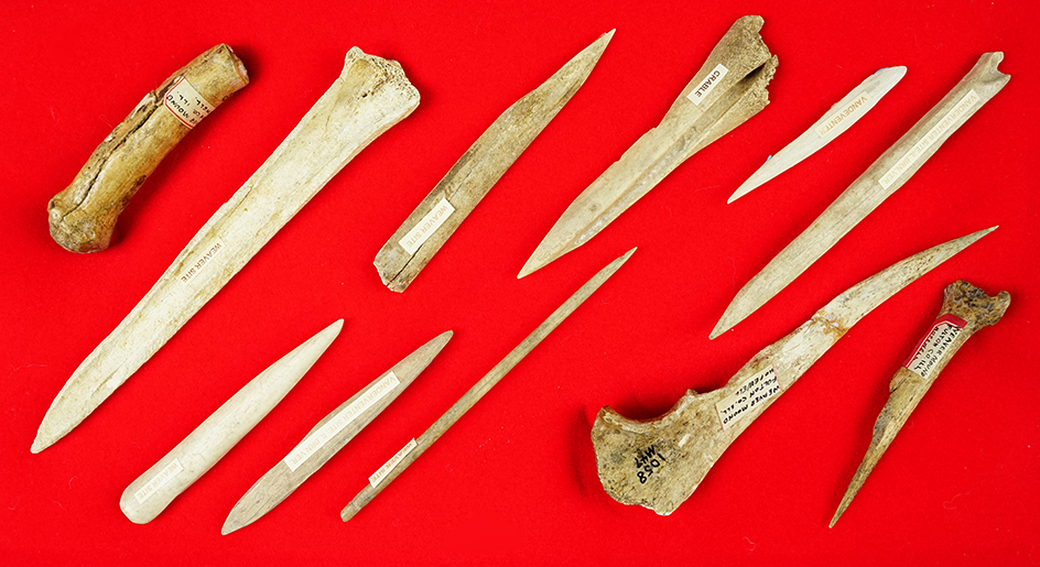Set of 11 assorted Bone Tools found at various sites in Illinois. The largest is 6 7/8".