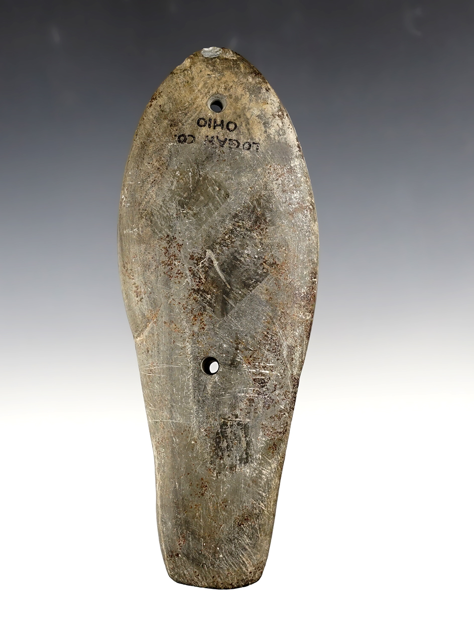 5 5/8" by 2 1/8" Glacial Kame Gorget made from Slate. Found in Logan Co., Ohio. Jackson COA. 