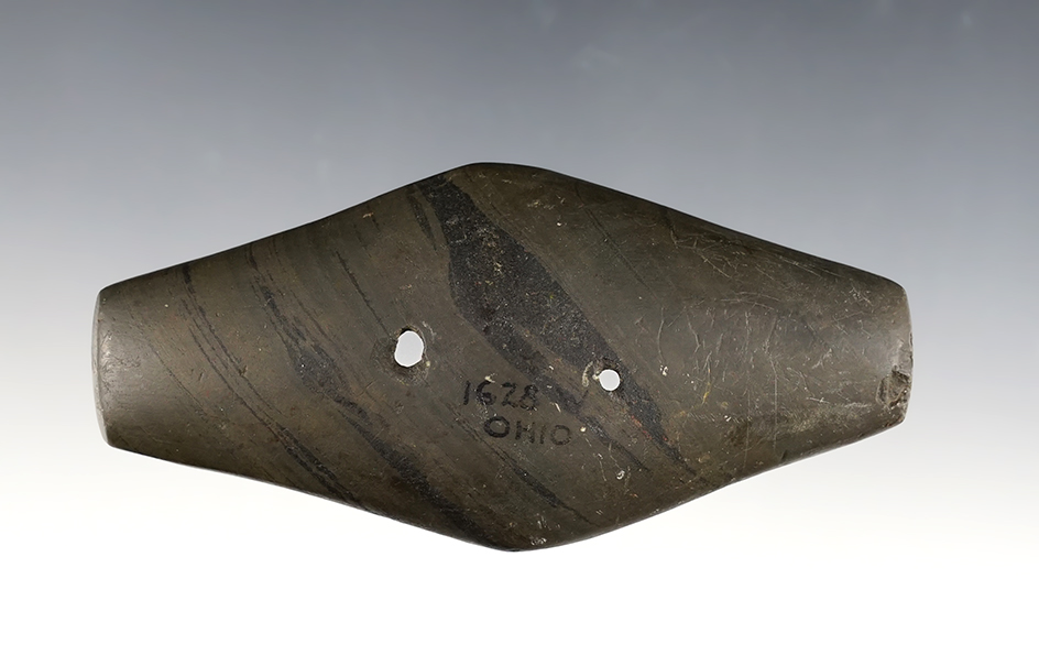 4 3/16" Expanded Center Gorget found in Ohio. A great example of the type. Ex. Wehrle, Root.