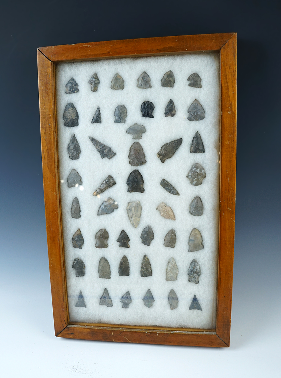 * PICK UP ONLY * Frame of 46 assorted Prehistoric Flint artifacts - Great Gulley Site in New York.  