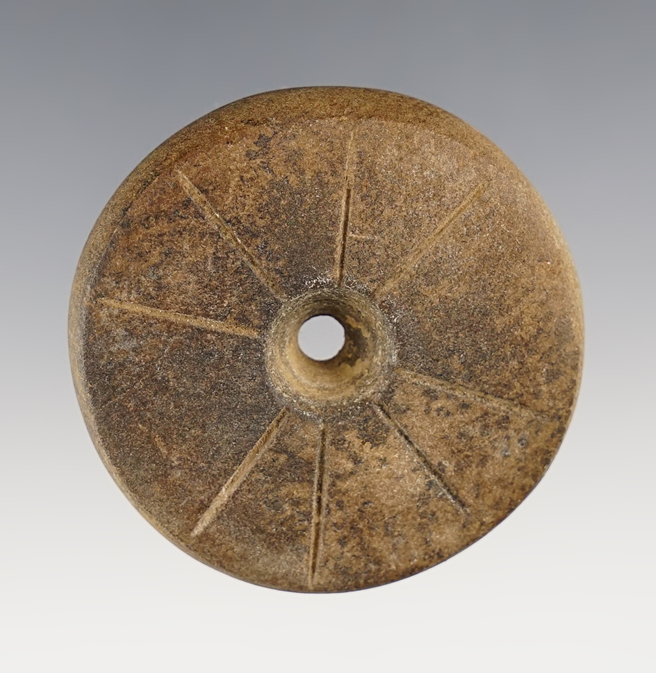 2 1/16" engraved Sandstone Perforated Disc from the Fort Ancient Culture, southern Ohio.