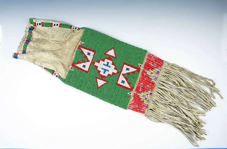 Excellent bead and quill work on this Sioux Pipe Bag in very good condition. Ex. W. Strait (#29436). 