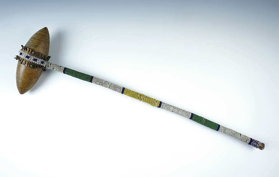 22" Overall length Plains Indian Club. Bi-conical Stone Club is 6 1/2" long. Excellent display item! 