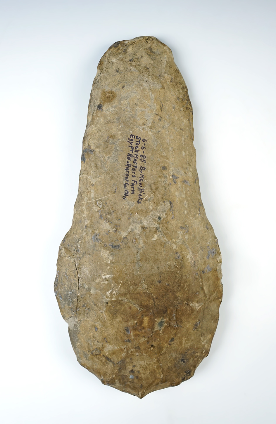 Rare for Ohio! 9 3/4" Flaked Hoe with nice use polish to bit. Found in Huron Co., Ohio. 