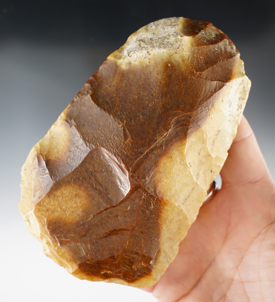 Very colorful 4 3/4" Flint Celt with heavy use polish to the bit area. Found in Scott Co., Illinois.