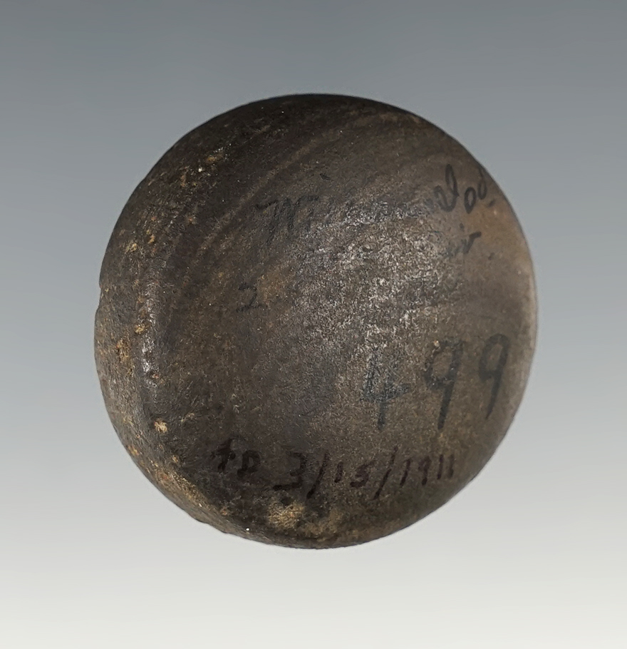 1 1/2" Miniature Discoidal made from Banded Glacial Slate. Found on March 15, 1911, Tennessee.