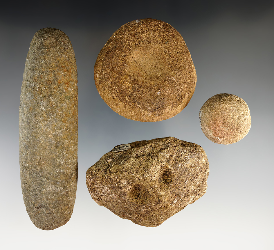 Set of four stone artifacts found in Pennsylvania, including a 4 1/4" Double-dimpled Hammerstone.