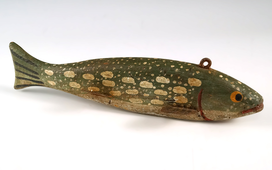 Vintage painted wood and metal " long fishing decoy in excellent condition.