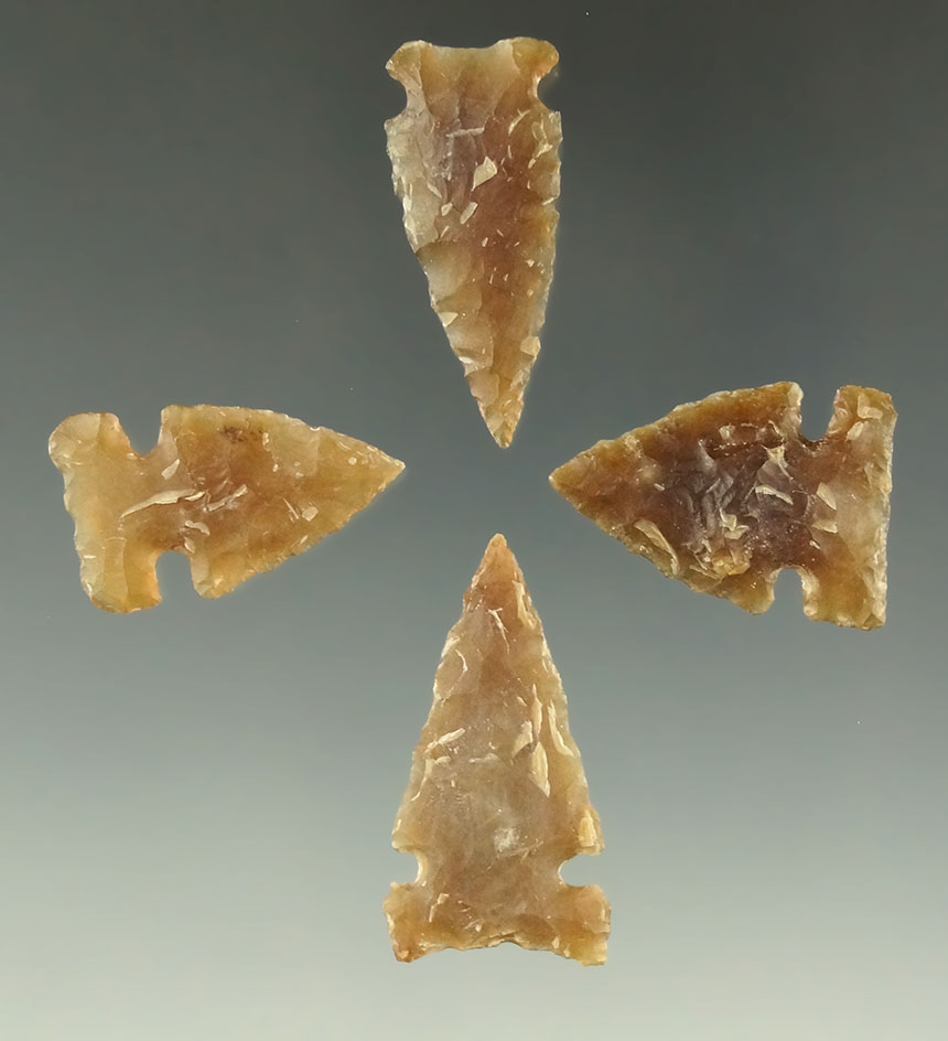 Set of four nice Knife River Flint arrowheads found in the Dakotas, largest is 1 3/16".