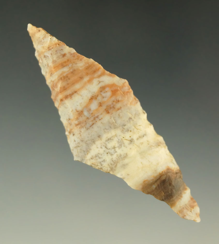 2 7/8" Alibates Flint Harahey knife that is steeply beveled found in Colorado.