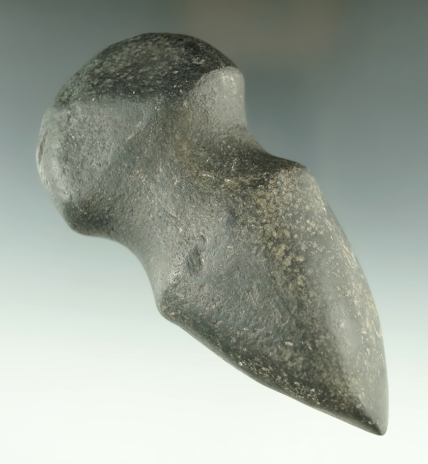 5 3/16" long 3/4 grooved Hardstone Axe reported as found in Macy, Nebraska. Unique poll end.