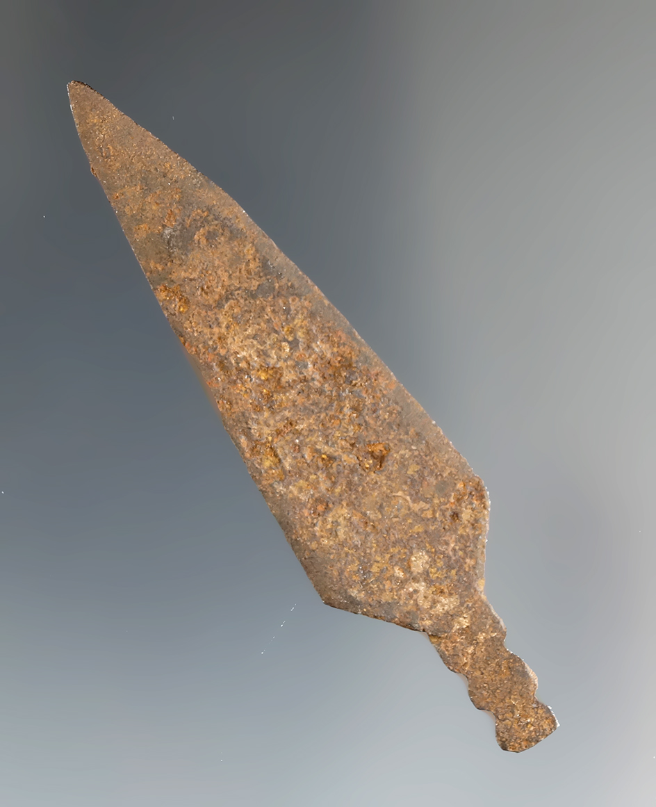 2 11/16" historic era iron arrow point found in Nebraska. Comes with a Bennett COA.