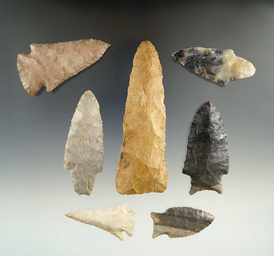 Seven very nice points in knives found in Arkansas, largest is 4 1/16".