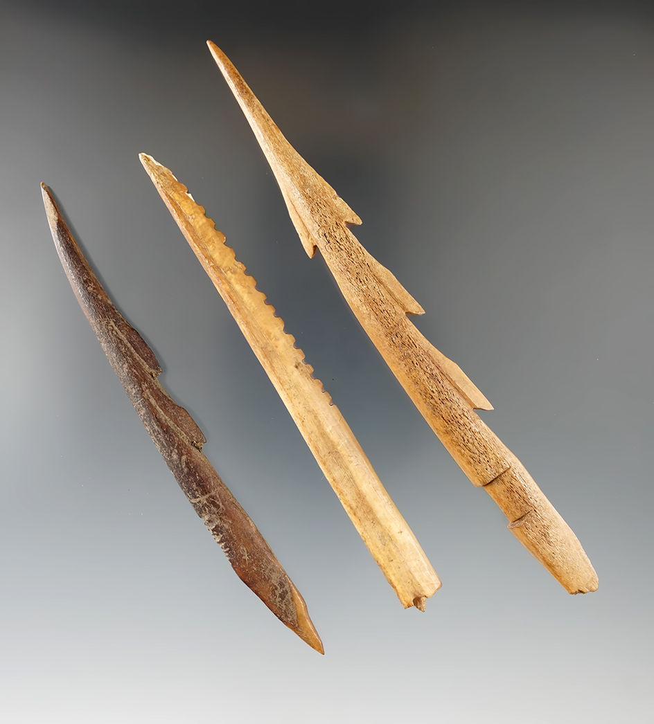 Set of three Inuit bone harpoons, one is broken near the base, largest is 5 5/8".  Alaska.