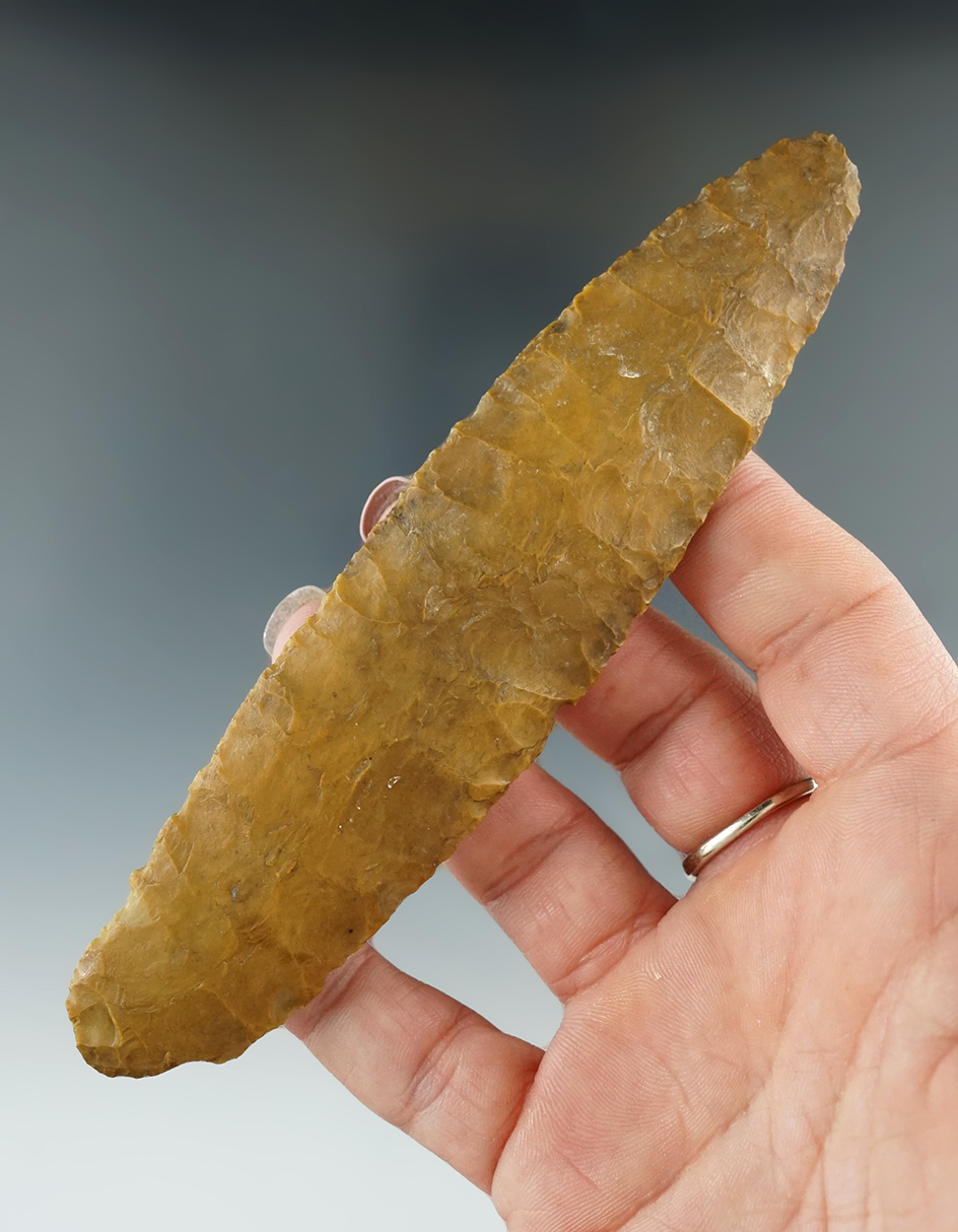 5 3/8" Jasper Paleo Lanceolate found in Pennsylvania. Nice early flaking.