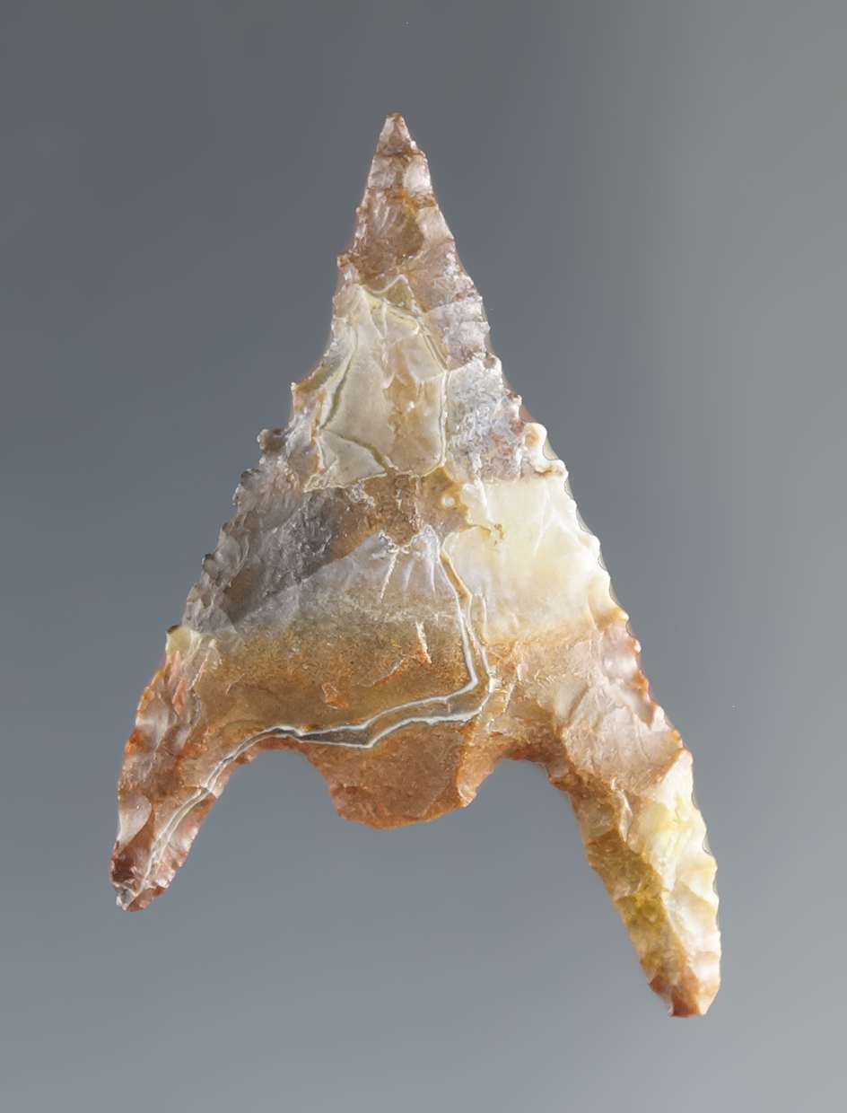 1 1/4" Gunther made from a flake of very attractive multi-colored Flint - Northern California.