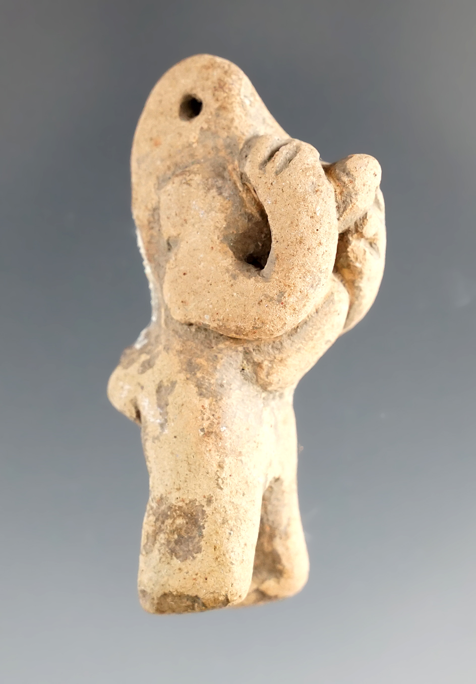1 7/8" tall zoomorphic pre-Columbian clay effigy Pendant found in Mexico.