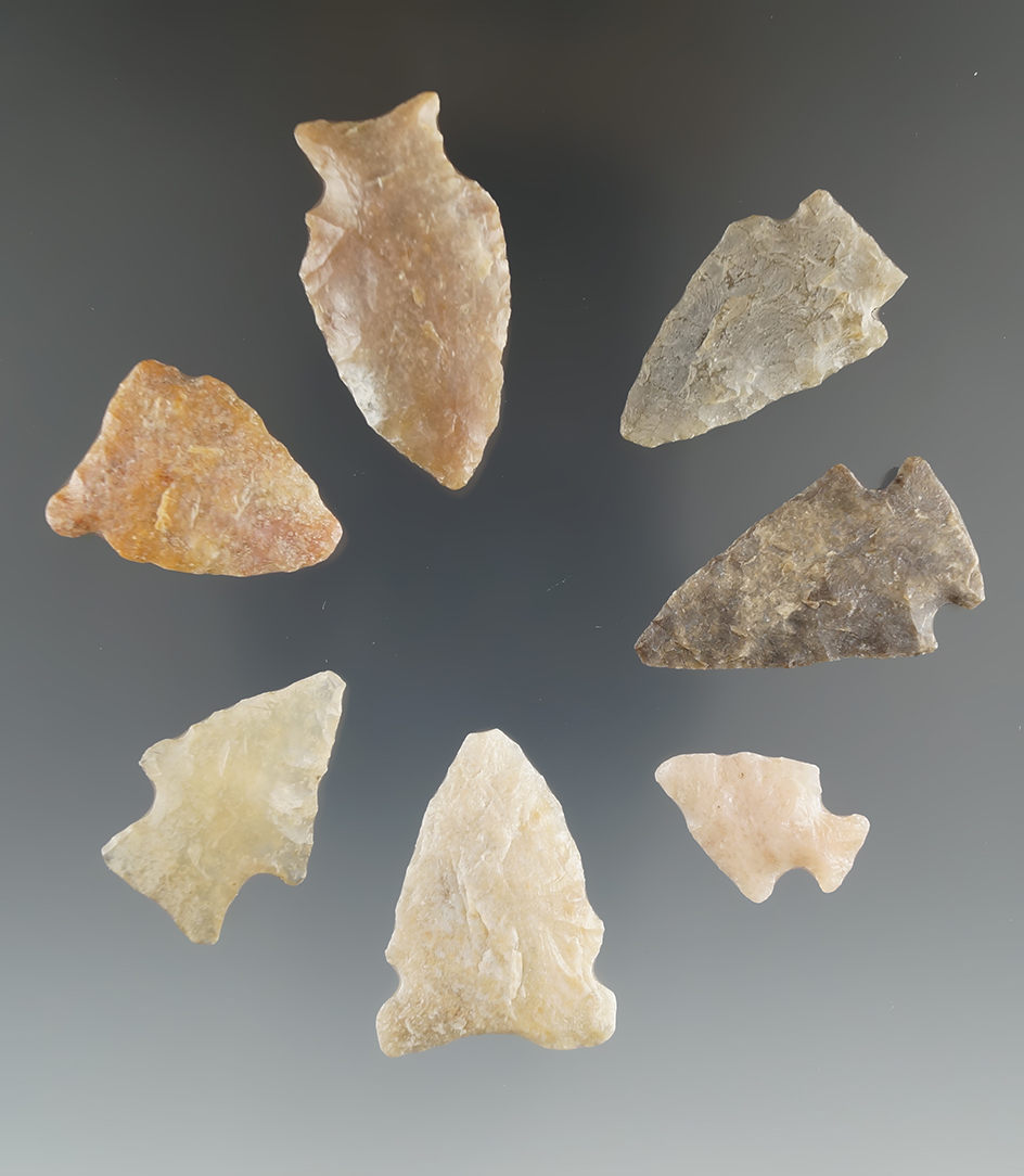 Group of seven assorted arrowheads found in Eastern South Dakota. Largest is 1 7/16".