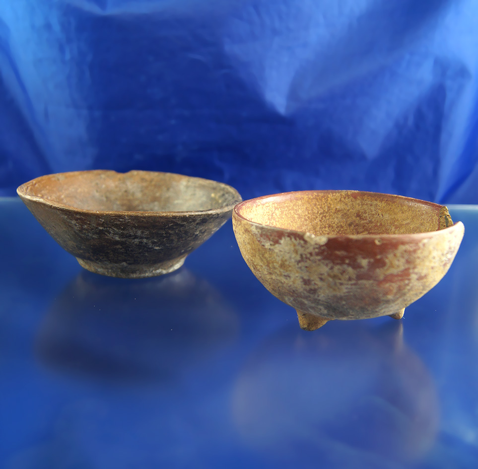 Pair of pre-Columbian bowls, one is tri-legged. Largest is 4 3/4" wide.