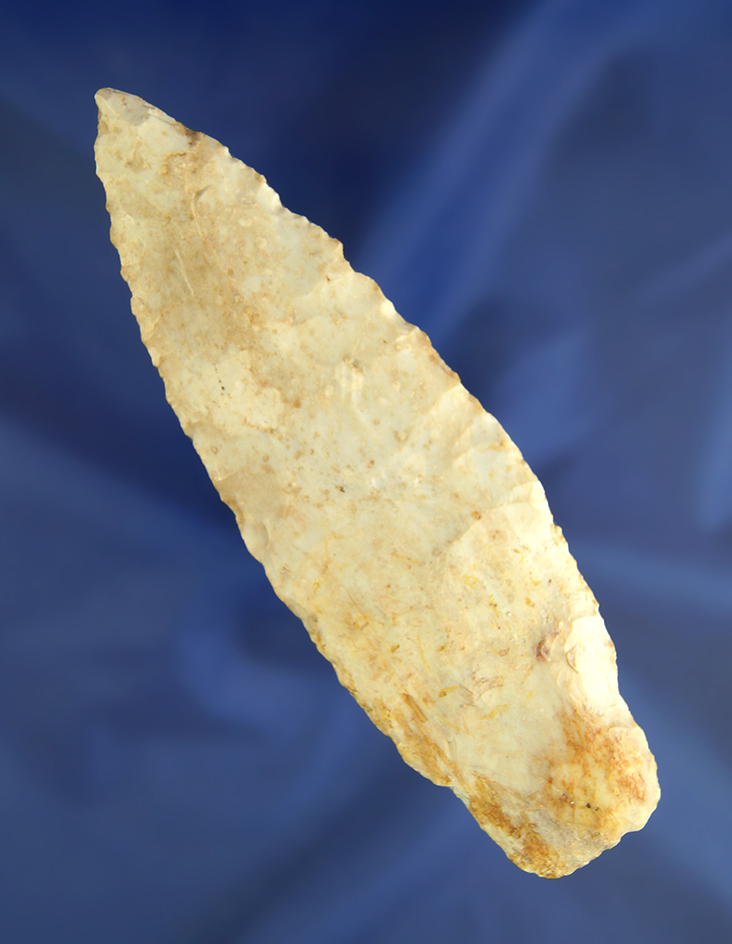 Large 5 5/16" Paleo Stemmed Lanceolate with restoration found in Missouri. Ex. Earl Townsend