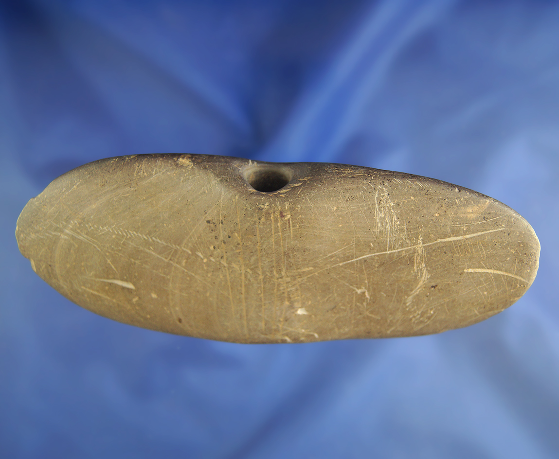 Very nicely styled 5 5/8" slate Winged Bannerstone with engravings by the barrel - Ohio.