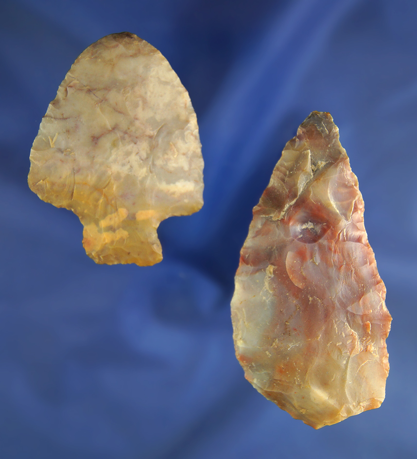 Pair of colorful high quality Flint Ridge Flint artifacts found in Ohio, largest is 3 1/8".