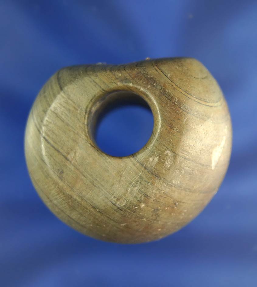 Very nice 1 3/4" wide Fluted Ball Bannerstone found in Ohio in very nice condition.