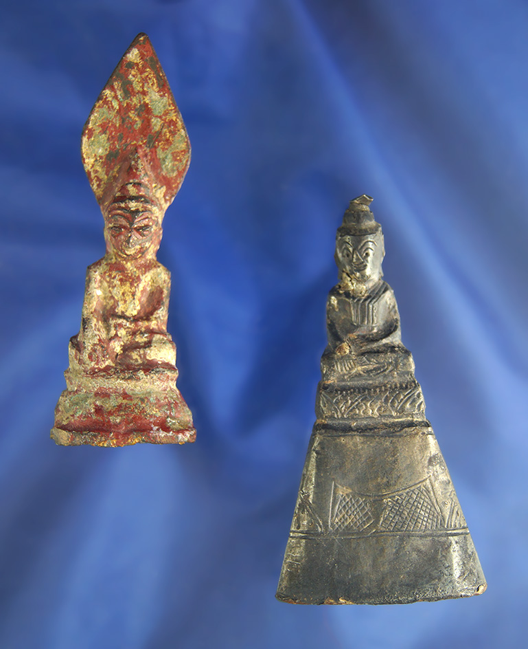 Pair of Buddha figures, one is a temple offering made from foil and resin from Thailand