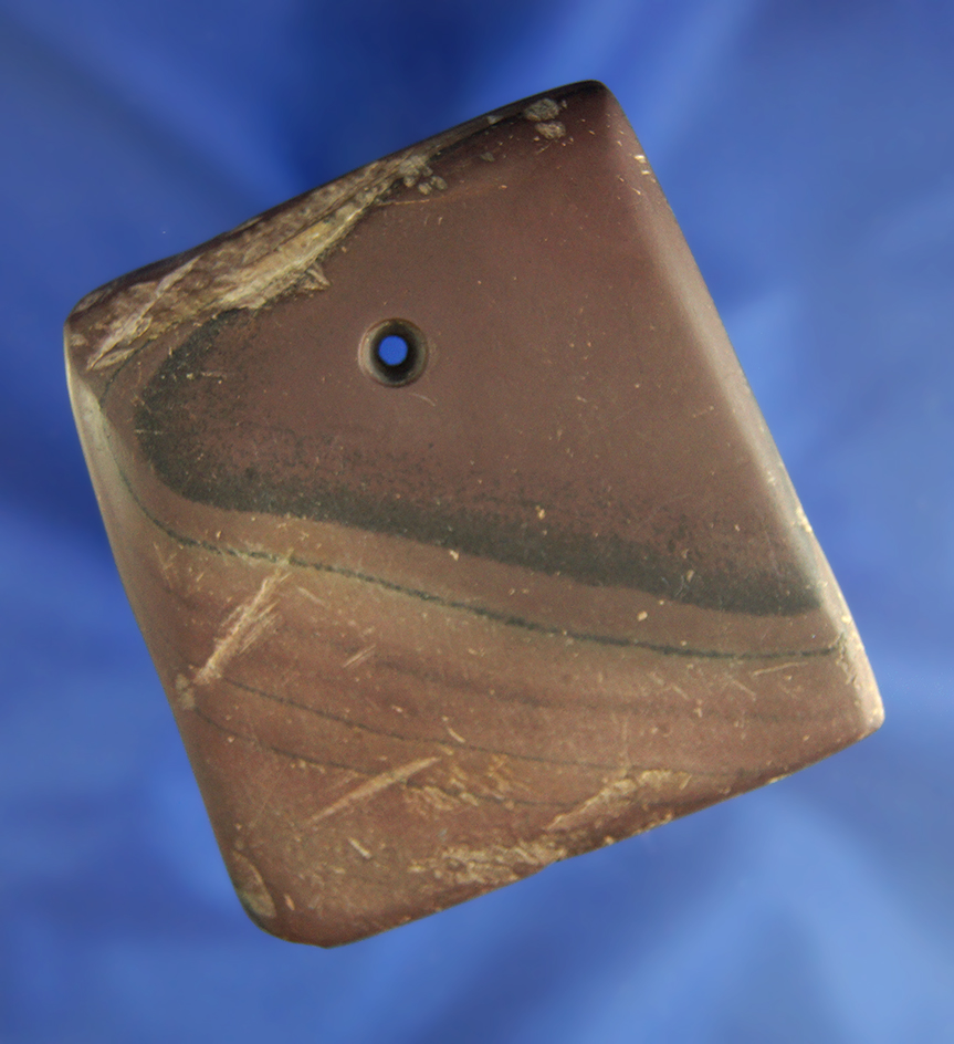 2 5/8" red banded slate Pendant that was anciently salvaged from a broken gorget.
