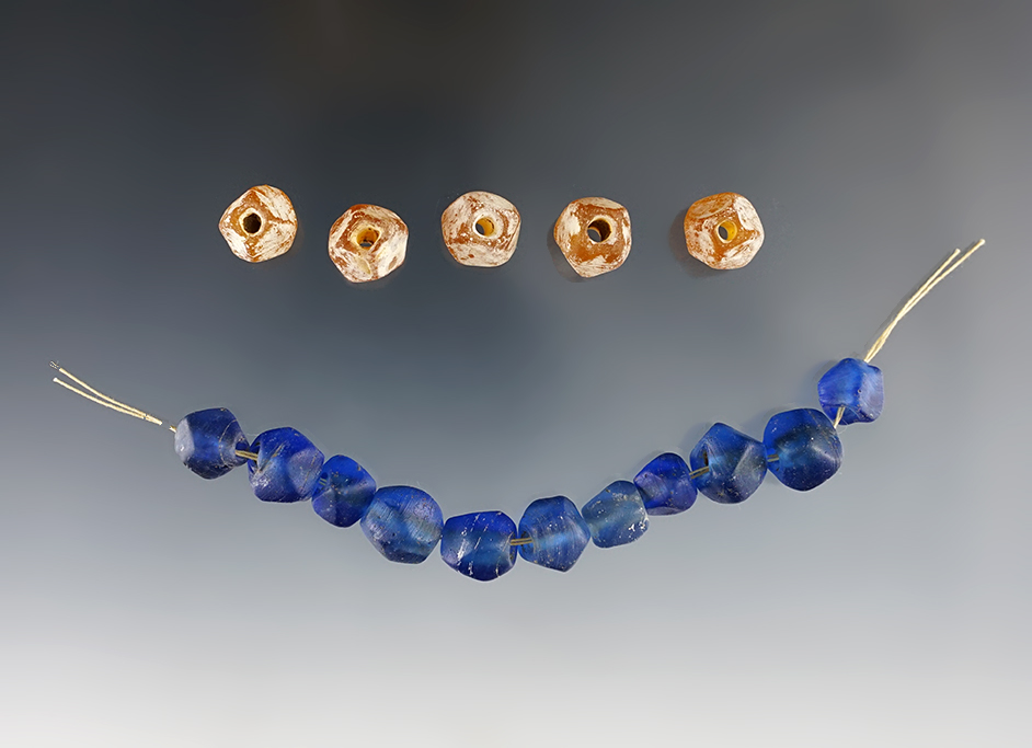 Nice set of 16 blue and amber faceted wire wound beads. White Springs Site, Geneva New York.