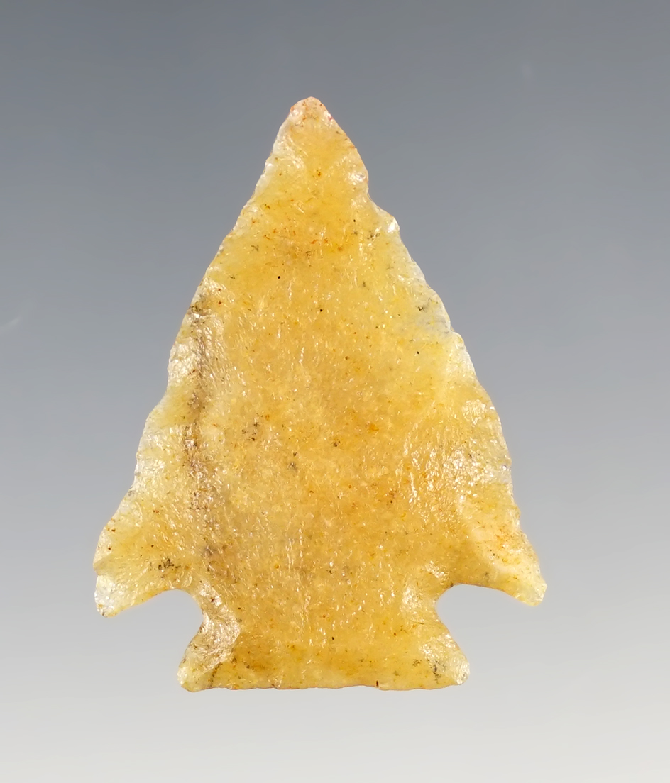 Nicely flaked and styled 1 7/16" Cornernotch - gold colored quartzite. Found in New Mexico.