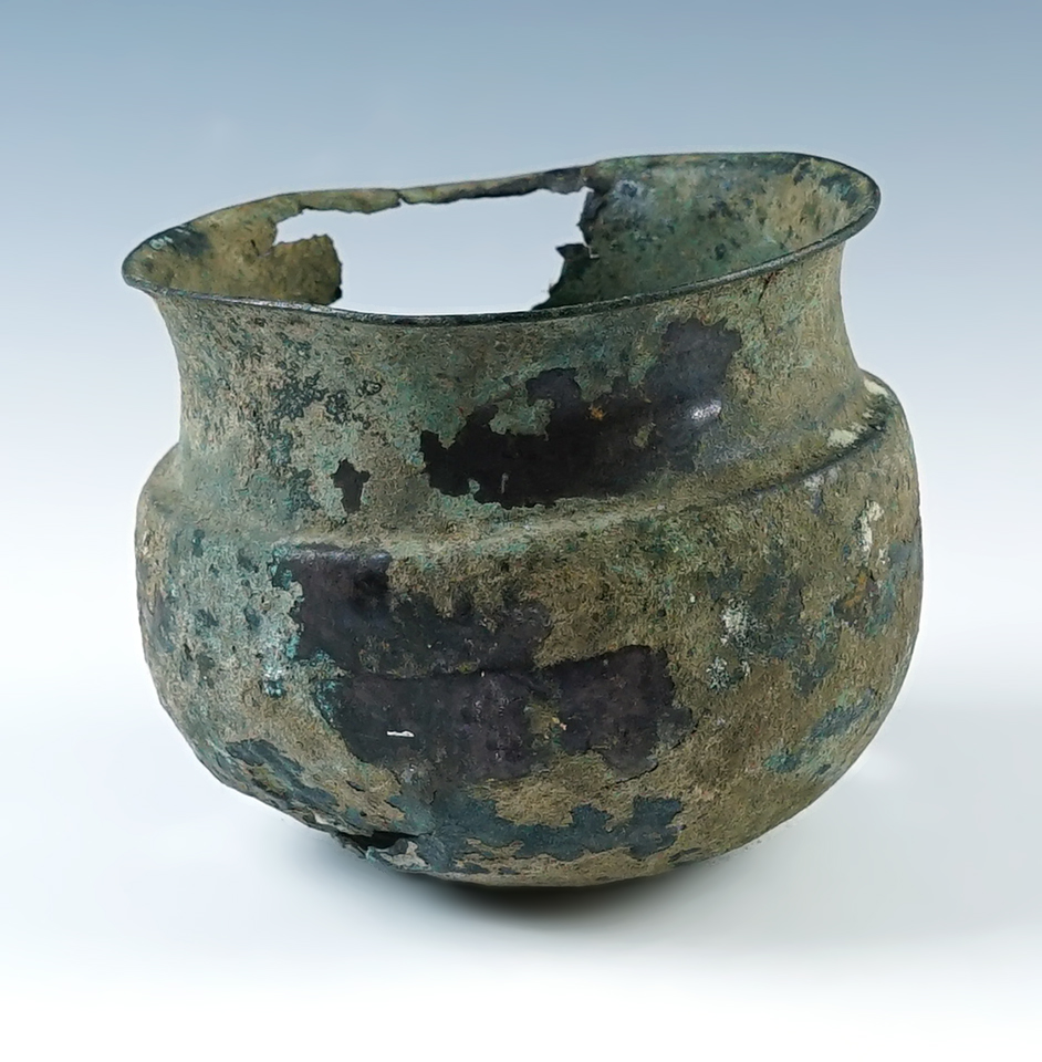 3 3/8" tall x 3 7/8" wide copper Inca Culture jar recovered in Peru.