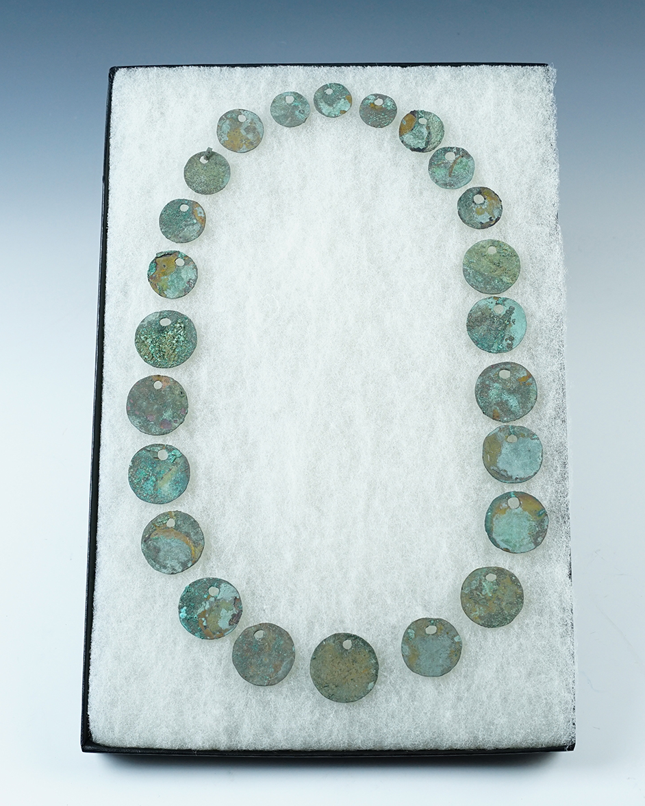 Necklace set of 24 Gilded Copper Pendants recovered in Peru. 