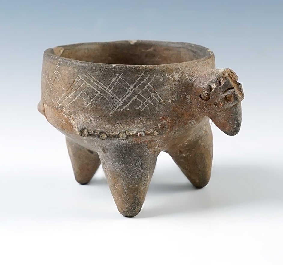3 3/4" long x 2 3/8" tall tri-leg animal effigy pottery bowl. Most likely Nayarit, West Mexico. 