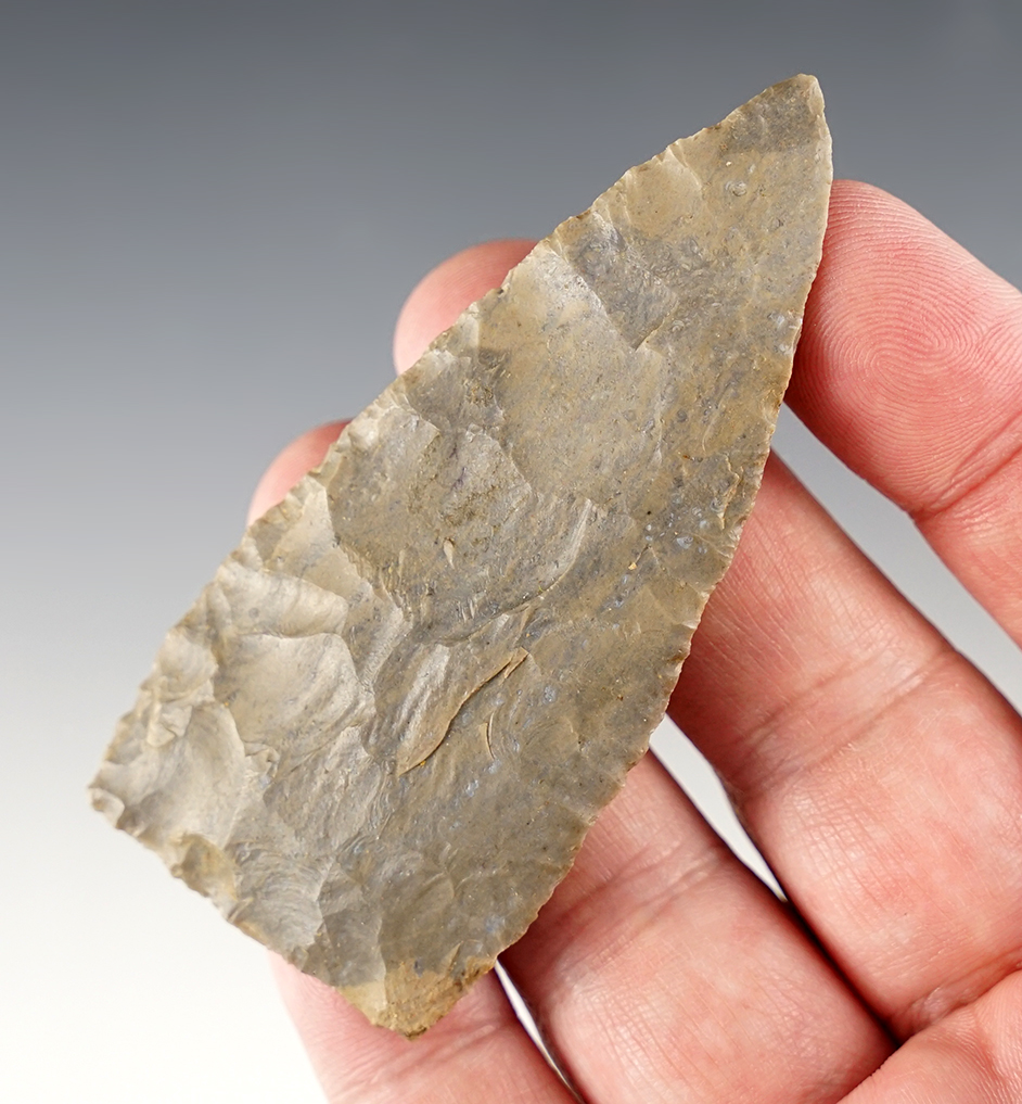 Well made 3 1/4" Copena Triangular found in Kentucky. Made from patinated Hornstone.