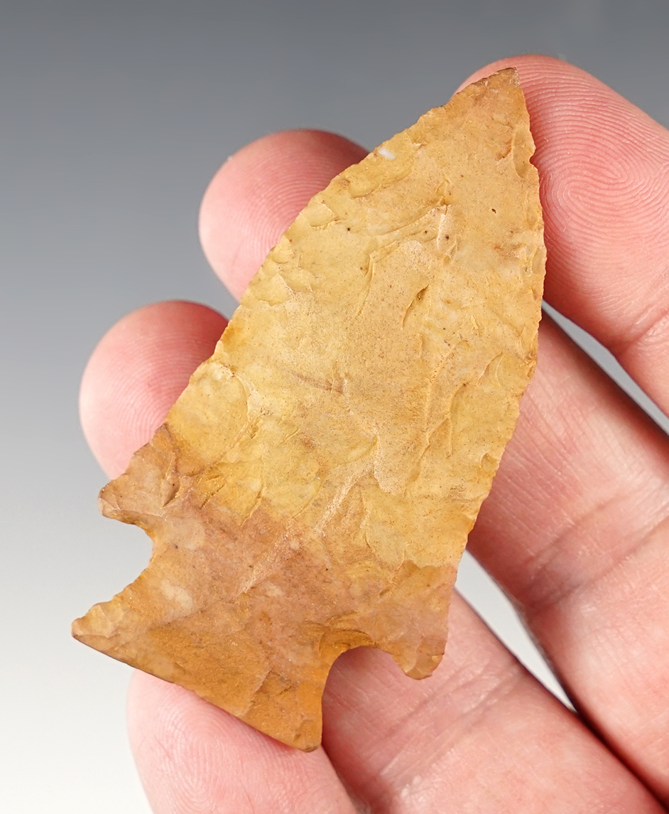 Nicely colored 2 1/2" Stemmed Tennessee Knife with heavy ancient grinding.